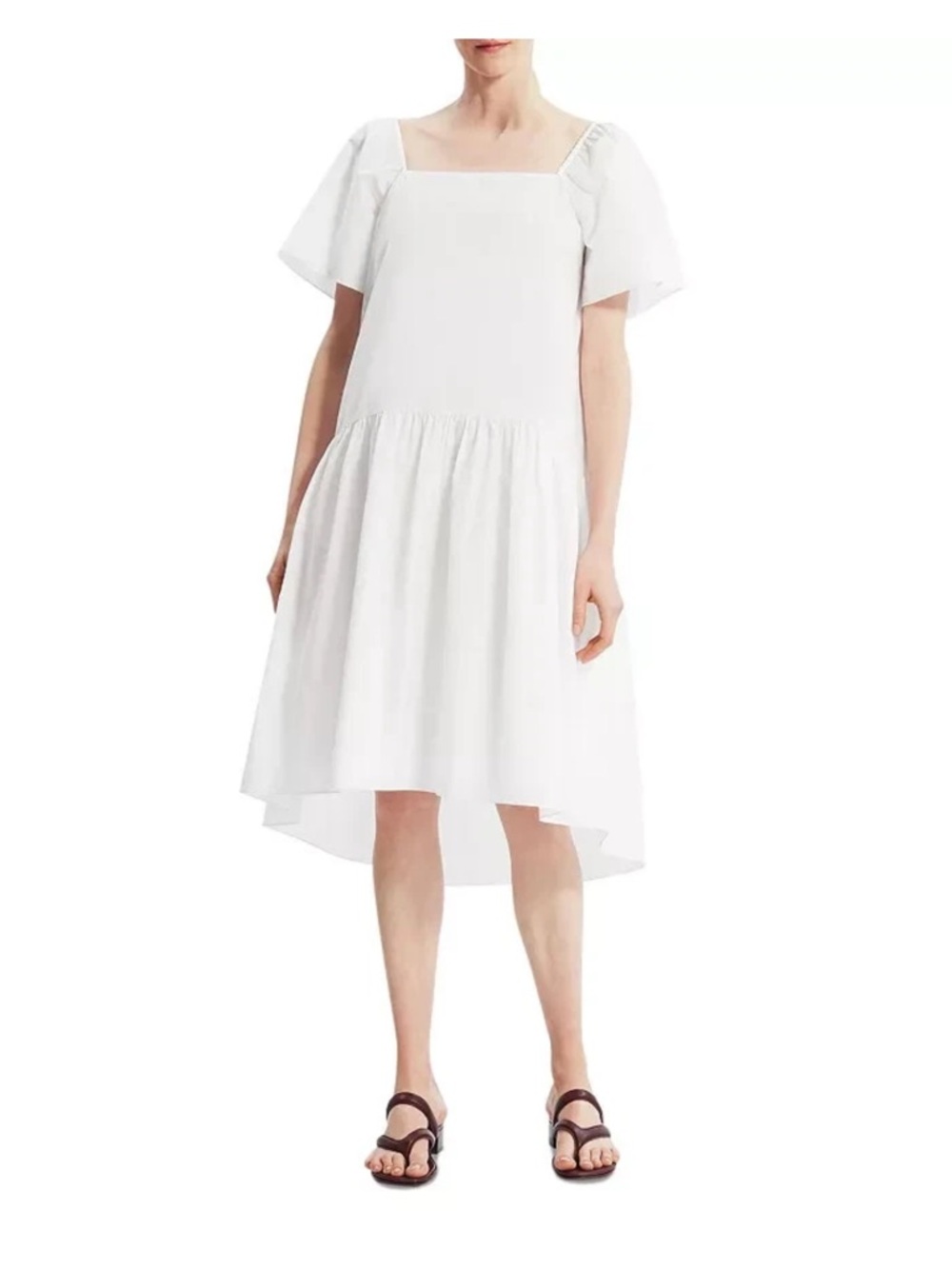 Theory White Square-Neck High-Low Flutter Sleeve Dress